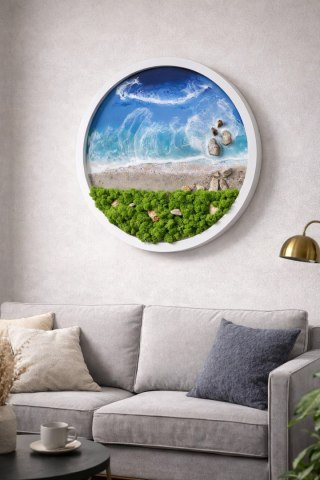 Morski obraz z żywicy epoksydowej z mchem chrobotkiem, w kole o średnicy 50 cm