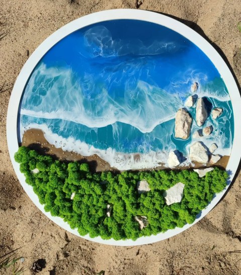 Morski obraz z żywicy epoksydowej z mchem chrobotkiem, w kole o średnicy 50 cm