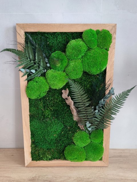 Obraz w dębowej ramie z mchu i roślin stabilizowanych