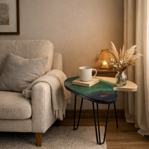 Stolik kawowy z żywicy epoksydowej, butelkowa zieleń