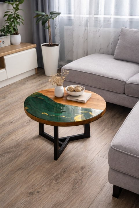 Dębowy stolik kawowy z żywicą epoksydowa butelkowa zieleń