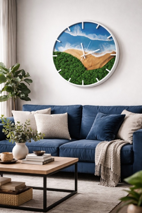 Drewniany zegar ścienny, morski zegar z chrobotkiem, metalowy zegar, morze