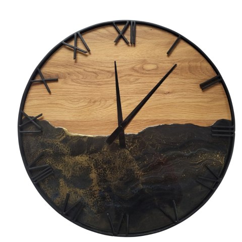 Drewniany zegar ścienny w metalowej ramie 50 cm