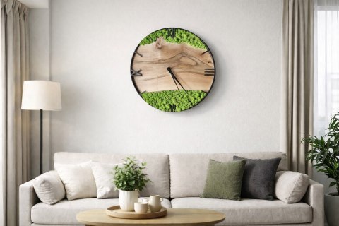 Drewniany zegar ścienny z mchem chrobotkiem, różne średnice