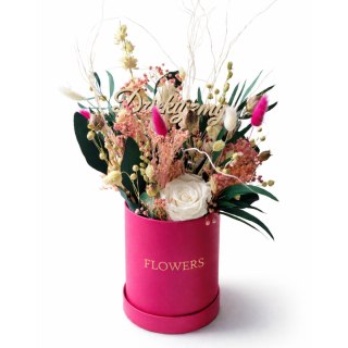 Flower box z różą stabilizowaną i roślinami suszonymi