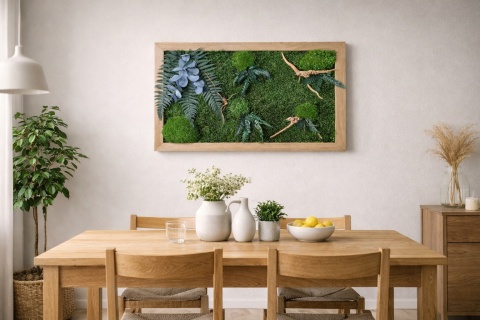 Obraz w dębowej ramie z mchu i roślin stabilizowanych z dodatkiem korzeni