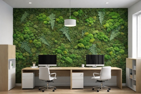 Panel ścienny z mchu płaskiego I poduszkowego z dodatkiem roślin stabilizowanych