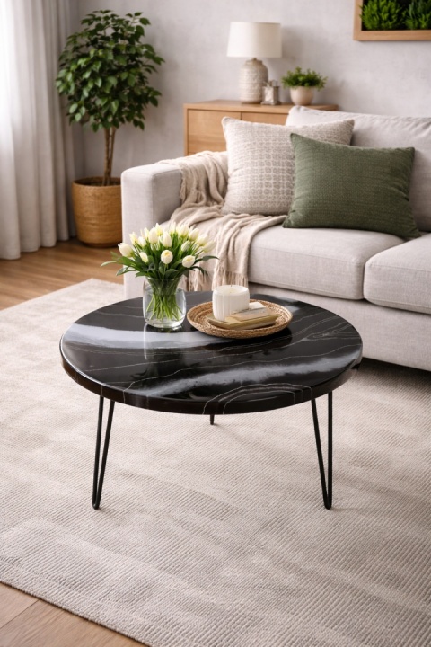 Stolik kawowy z żywicy epoksydowej w odcieniach czerni I szarości, 60 cm