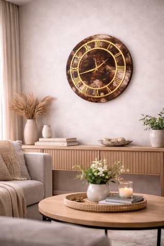 Zegar ścienny z żywicy epoksydowej 45 cm , brąz i zloto