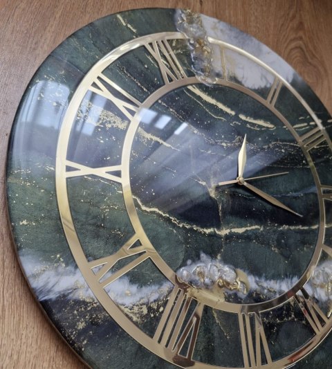 Zegar ścienny z żywicy epoksydowej 45 cm , butelkowa zieleń