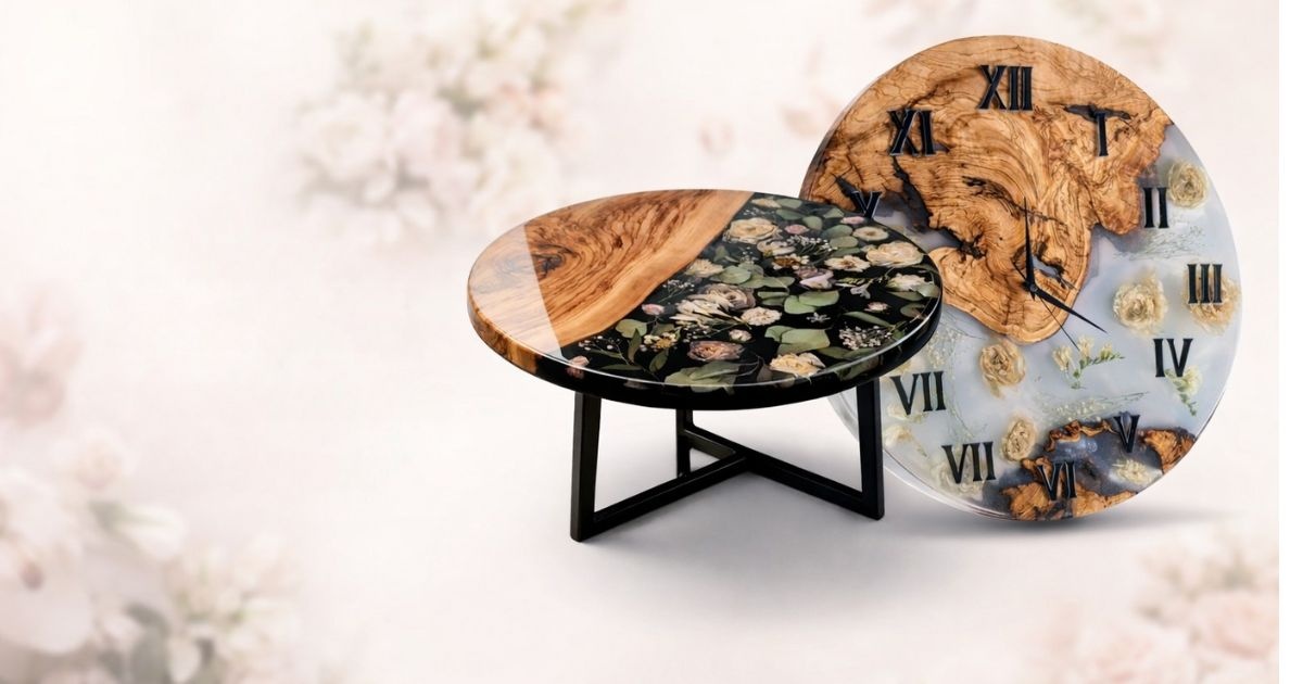 Bukiet ślubny w żywicy – stolik lub zegar na pamiątkę